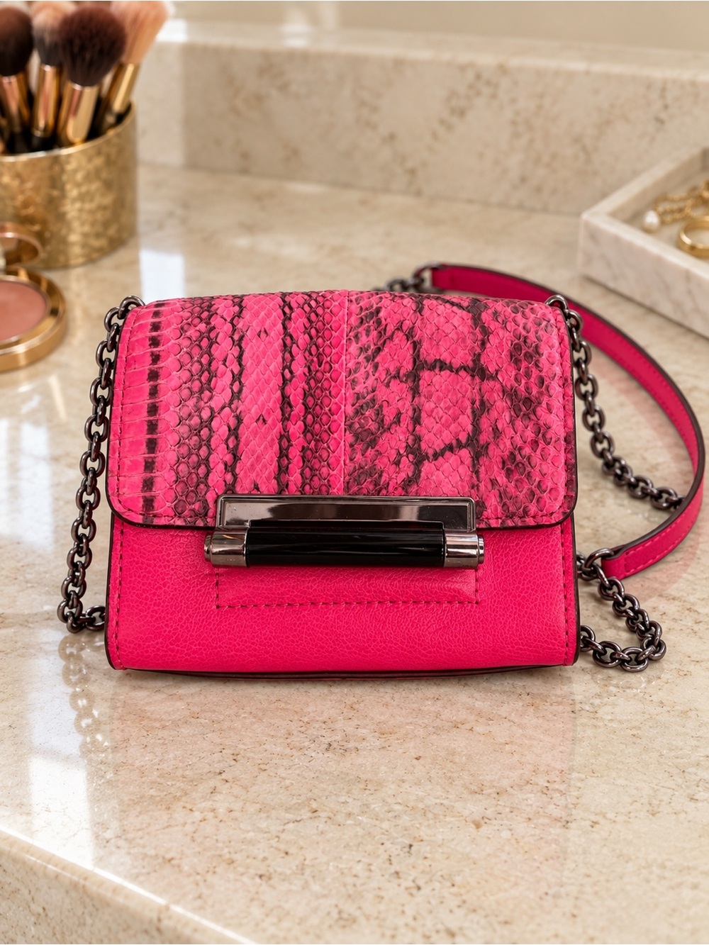 Diane von Furstenberg (DVF) Hot Pink Leather & Snakeskin Chain Crossbody Bag